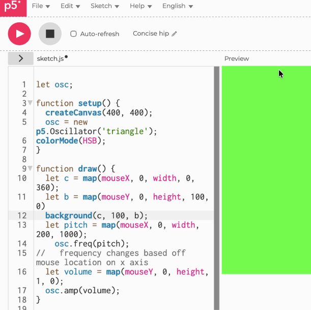 different colour, frequency, and volume depending on mouse position code