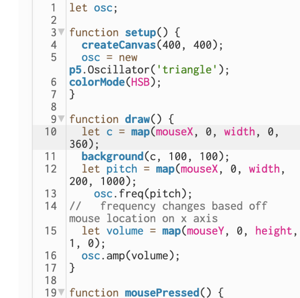 Different hue and volume according to and mouse position code